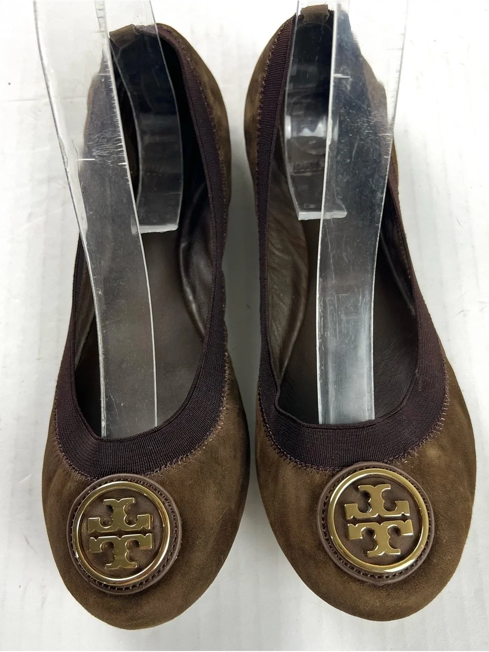 Tory Burch Brown Suede Logo Ballet Flats with Gold Emblem
